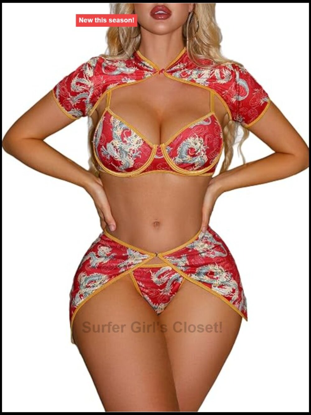 Lace Cut-Out Slit Chemise Set with Adjustable Straps and Mandarin Collar
